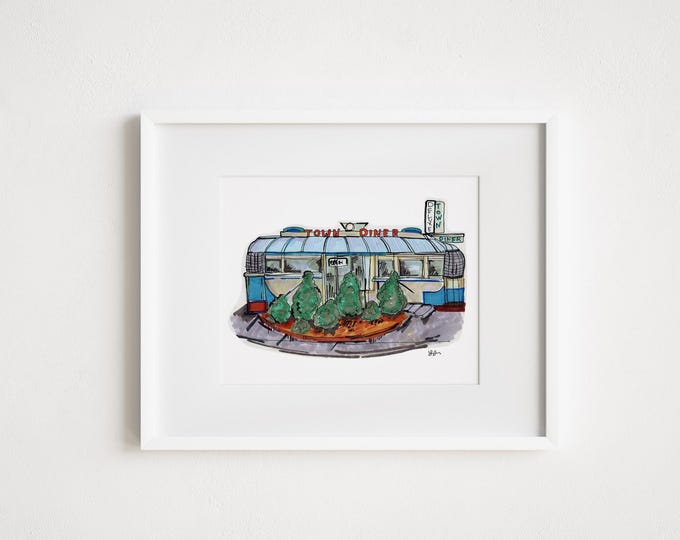 Town Diner Watercolor Print: Watertown, Massachusetts Urban Sketch Art