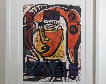 Framed Original Woodcut - The Generative Selfie in Blue 1/10  - Printmaking Abstract Face Paper Original Art on Paper