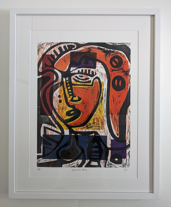 Framed Original Woodcut - The Generative Selfie in Blue 1/10  - Printmaking Abstract Face Paper Original Art on Paper
