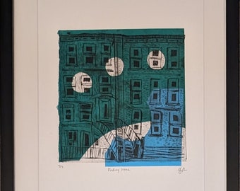 Framed Original Intaglio and Chine Colle Print  - Finding Home 7 of 7 - Printmaking on Paper - Abstract Illustrative City in Shapes