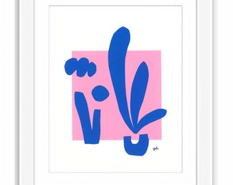 Collage The Leaves in Blue and Pink on Paper - Print and Framed - Abstract Cut Outs Retro Midcentury Minimal Matisse Inspired