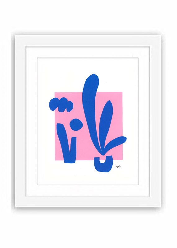 Collage The Leaves in Blue and Pink on Paper - Print and Framed - Abstract Cut Outs Retro Midcentury Minimal Matisse Inspired