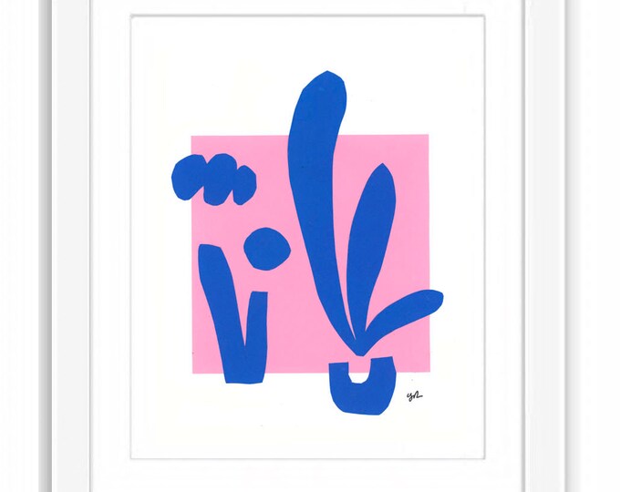 Matisse Inspired Art Print: Blue & Pink Abstract Collage (Framed)