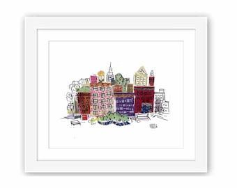 Abstract Collage of New York City Brownstones in Red Blocks - Print and Framed - Illustrative Collage New York City