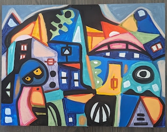 She Went Out Swimming in Her Shapes - Original Acrylic Painting on Wood
