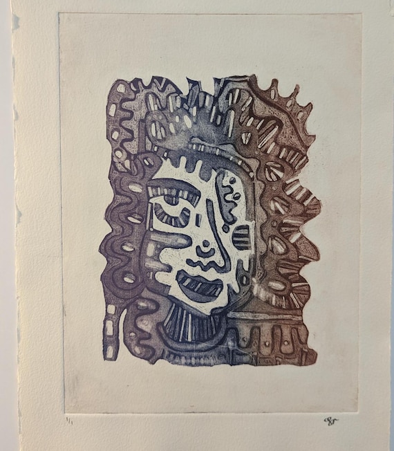 Original Intaglio Aquatint Etching Unique Print - The Self in Blue - Printmaking on Paper - Abstract Illustrative Colorful Figurative Face