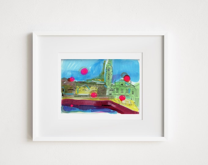 Lackwanna Terminal Hoboken - Print and Framed - Illustration Watercolor City New Jersey Travel