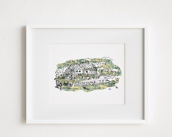 Stowe Vermont Farmhouse Collage Ink Illustration - Print and Framed - New England Vermont Rural America