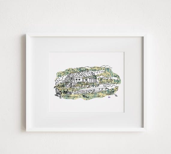 Stowe Vermont Farmhouse Collage Ink Illustration - Print and Framed - New England Vermont Rural America