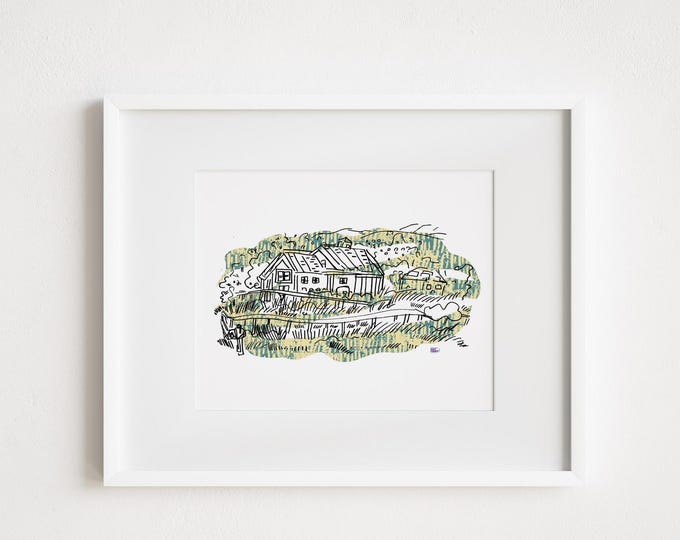 Stowe Vermont Farmhouse Collage Ink Illustration - Print and Framed - New England Vermont Rural America