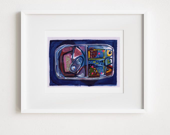 Sardines Tin Fish Illustration - Print and Framed - Retro Minimal Mid Century Illustration -