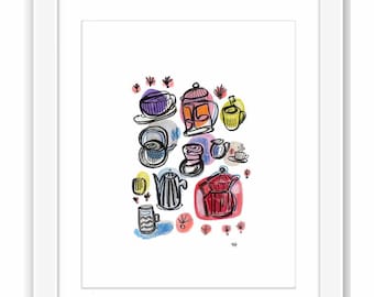 Mid-Century Inspired Folk Art Watercolor Coffee Pots - Retro Minimal Zen Illustration - Print & Framed