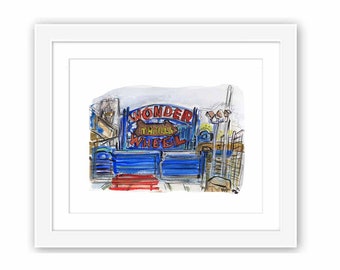 Print Wonder Wheel Coney Island - Street Scene Boardwalk Brooklyn New York City Urban Watercolor