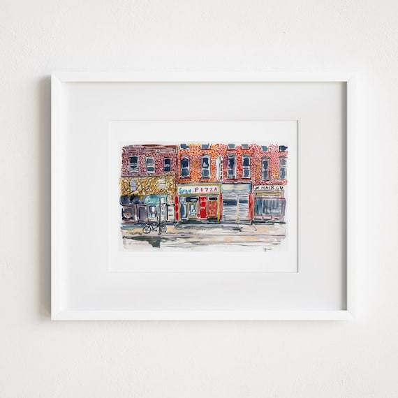 Print Luigis Park Slope Pizza Illustration, New York City, Brooklyn, City Watercolor, Urban Sketching