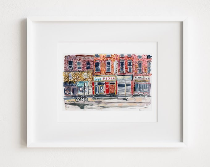 Print Luigis Park Slope Pizza Illustration, New York City, Brooklyn, City Watercolor, Urban Sketching
