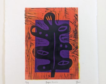 Original Woodblock Print  - Amoeba Leaf 1/3 - Printmaking on Paper - Abstract Illustrative Shapes