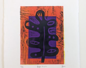 Original Woodblock Print  - Amoeba Leaf 1/3 - Printmaking on Paper - Abstract Illustrative Shapes