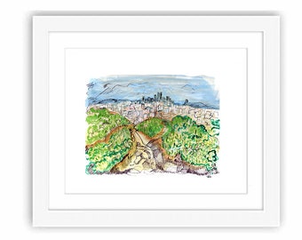 Los Angeles Runyon Canyon - Print and Framed - Watercolor Pen and Ink Urban Sketch California