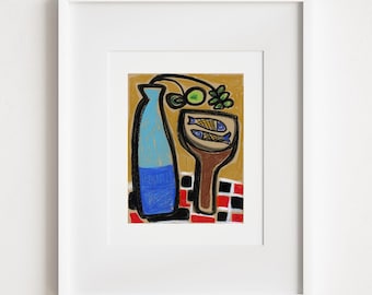 Fish Pedestal Painting - Print & Framed - Retro Midcentury Illustrative Still Life