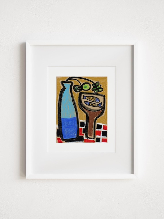 Fish Pedestal Painting - Print & Framed - Retro Midcentury Illustrative Still Life