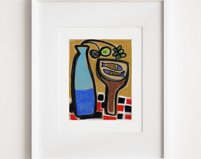 Fish Pedestal Painting - Print & Framed - Retro Midcentury Illustrative Still Life