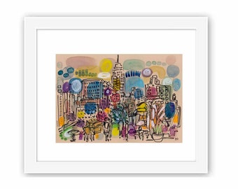 Flatiron District Looking North - Print and Framed -  Manhattan Mixed Media Collage and Watercolor New York City