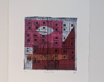 Original Intaglio and Chine Colle Print  - Finding Home 2 of 7 - Printmaking on Paper - Abstract Illustrative City in Shapes