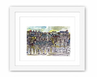 Print Paris City View from D'Orsay - Watercolor Urban Sketch France Ink