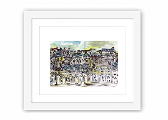 Print Paris City View from D'Orsay - Watercolor Urban Sketch France Ink
