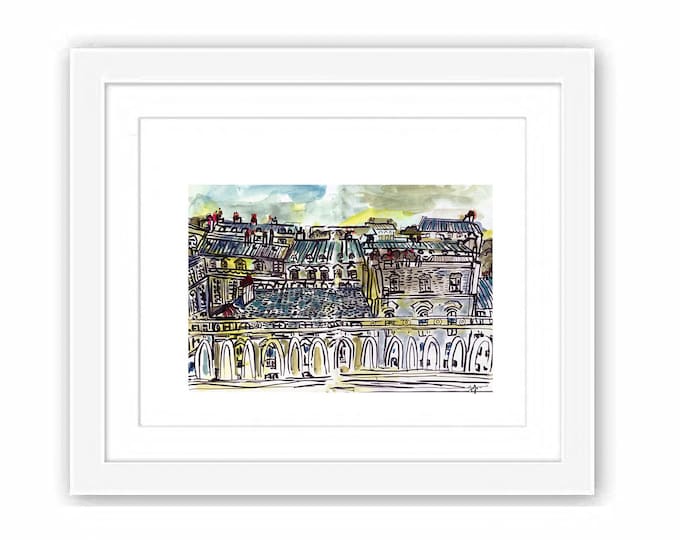 Print Paris City View from D'Orsay - Watercolor Urban Sketch France Ink