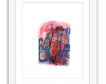 Print New Yorker Wyndham Hotel Building - Art Deco New York City Hell's Kitchen Manhattan Watercolor Street Scene