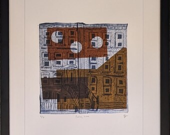 Framed Original Intaglio and Chine Colle Print  - Finding Home 1 of 7 - Printmaking on Paper - Abstract Illustrative City in Shapes