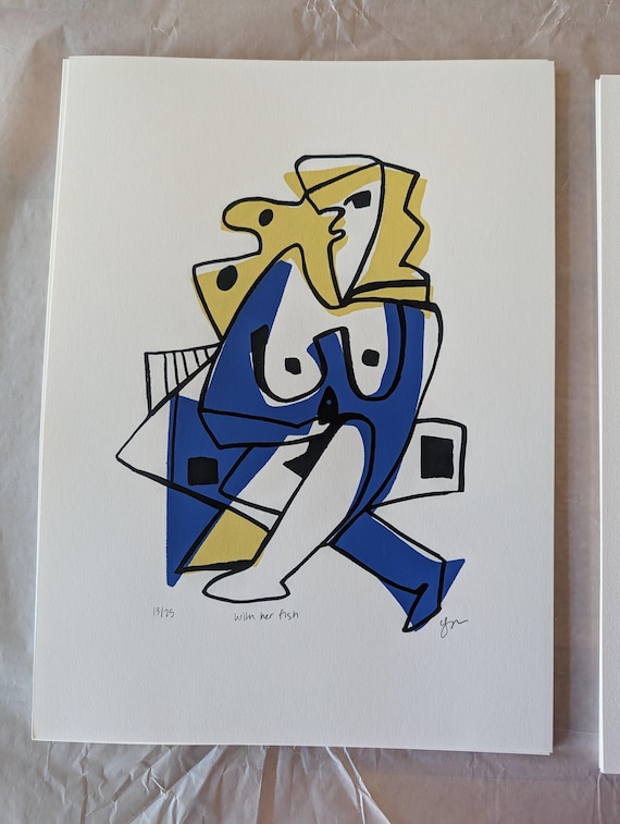 Original Silkscreen Print Series - With Her Fish - Printmaking on Paper