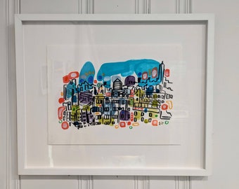 Framed Original City Watercolor - Chelsea Rooftops - New York City Old Skyline Mixed Media Paintings