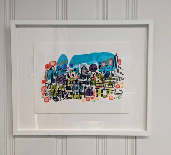 Framed Original City Watercolor - Chelsea Rooftops - New York City Old Skyline Mixed Media Paintings