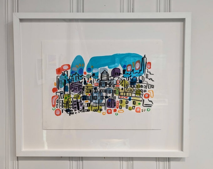 Framed Original City Watercolor - Chelsea Rooftops - New York City Old Skyline Mixed Media Paintings