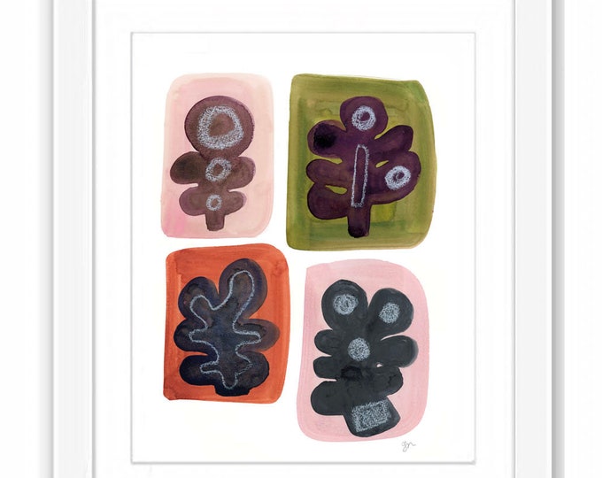 Abstract Watercolor Print: Mid-Century Modern Amoeba Leaf Quartet