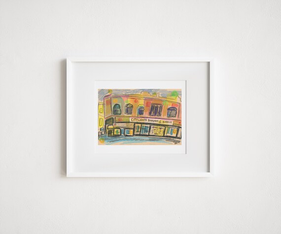 Print and Framed - Print San Francisco City Lights Bookstore - Mixed Media Watercolor Collage Illustration
