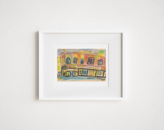 Print and Framed - Print San Francisco City Lights Bookstore - Mixed Media Watercolor Collage Illustration