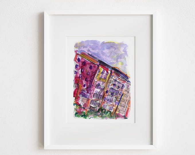 East Village Watercolor Print: Colorful NYC Tenements, Manhattan Street Scene