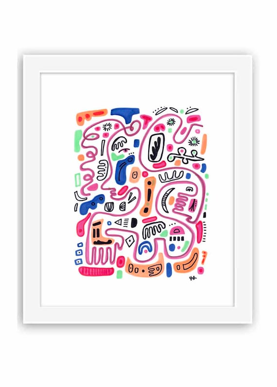 Abstract Self Portrait Illustration in Shapes - Print and Framed - Modern Shapes Cut Outs Contemporary Lines