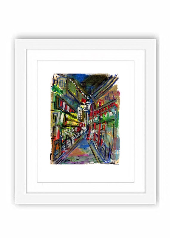 Print Tokyo Alley at Night - Abstract City Scene in Acrylic, Oil Pastels of Tokyo, Japan