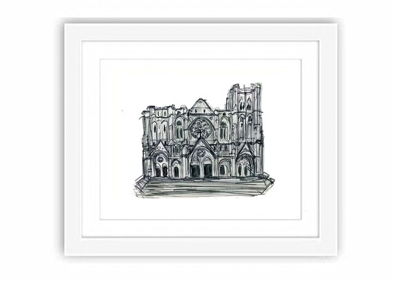 Print St. John's Divine Cathedral Upper West Side Manhattan Watercolor and Ink New York City