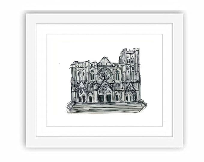 St. John's Divine Cathedral Print: Manhattan Watercolor and Ink Art