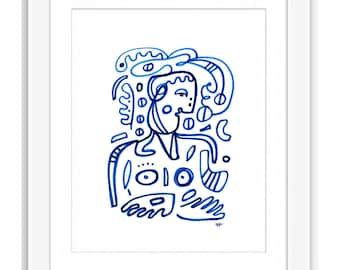 Print and Framed -  Abstract Illustration Figurative Blue Ink Self Portrait - Self Portrait in Blue