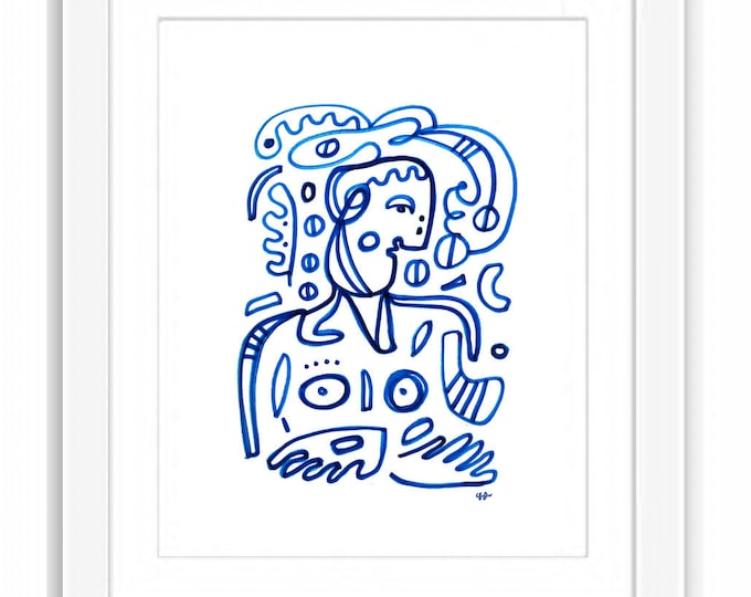 Framed Abstract Self Portrait Print: Blue Ink Illustration