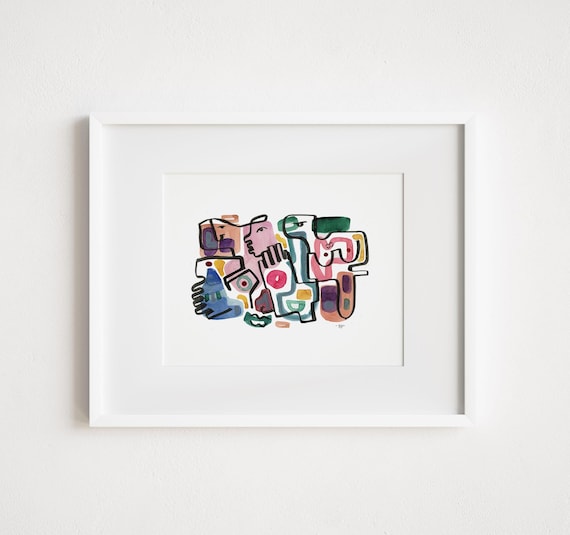 Abstract Faces and Color Watercolor Painting - Print and Framed - Retro Midcentury Minimal Zen Watercolor