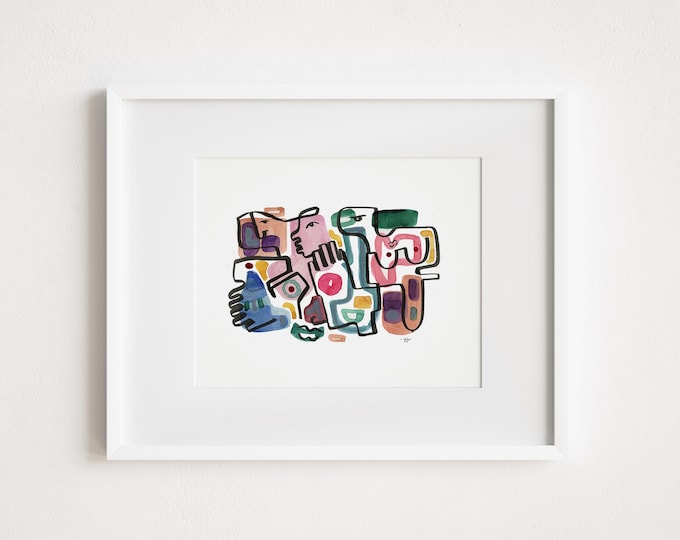 Featured listing image: Abstract Faces Watercolor Painting: Mid-Century Modern Art Print