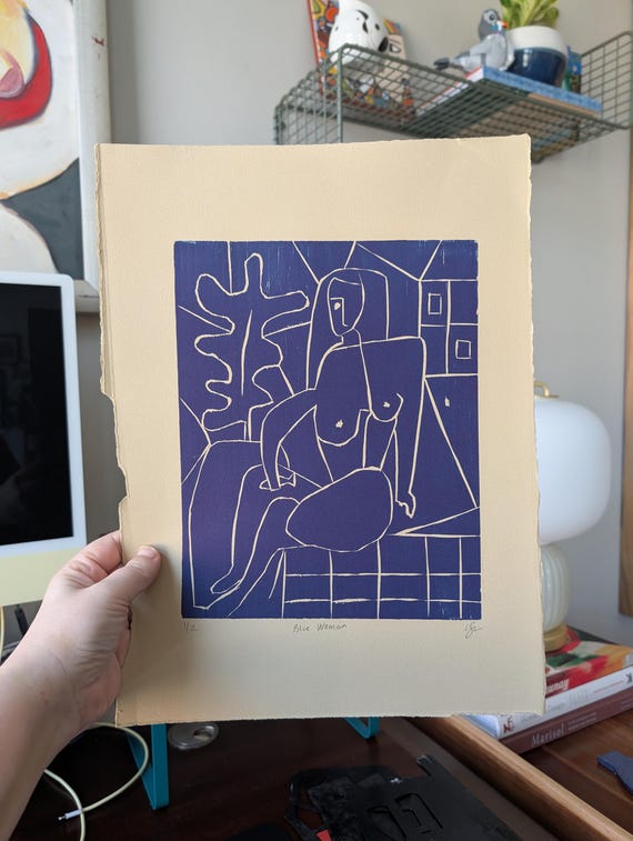 Original Woodbloxk Print - Blue Woman 1/2