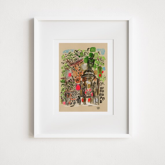 Verdi Square Upper West Side - Print & Framed  - Upper West Side Manhattan Mixed Media Collage and Watercolor New York City Street